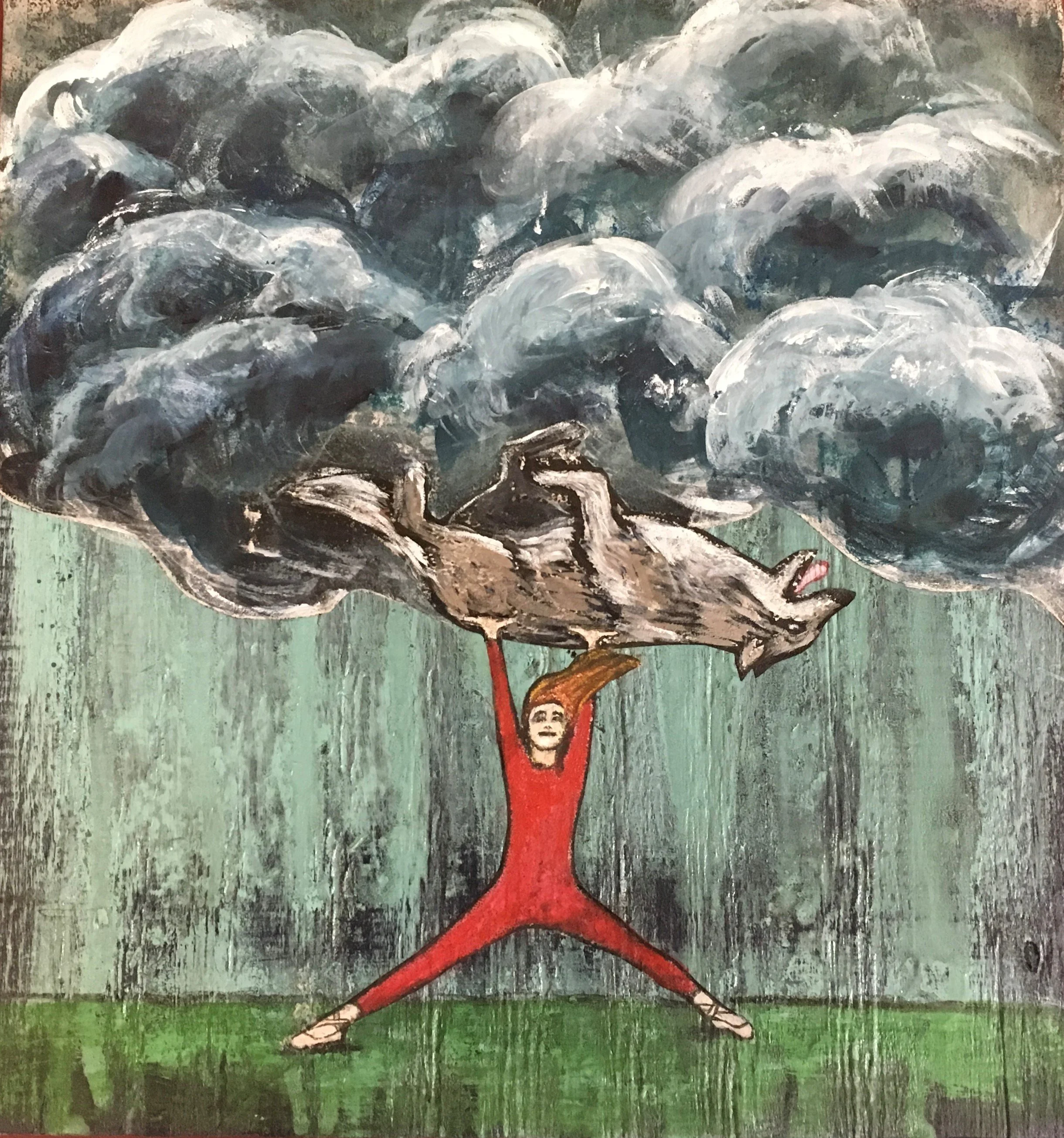 "Dancer with Her Feet on the Ground"
Mixed media, collage, monoprint, acrylic on reclaimed wood. 9"x10"