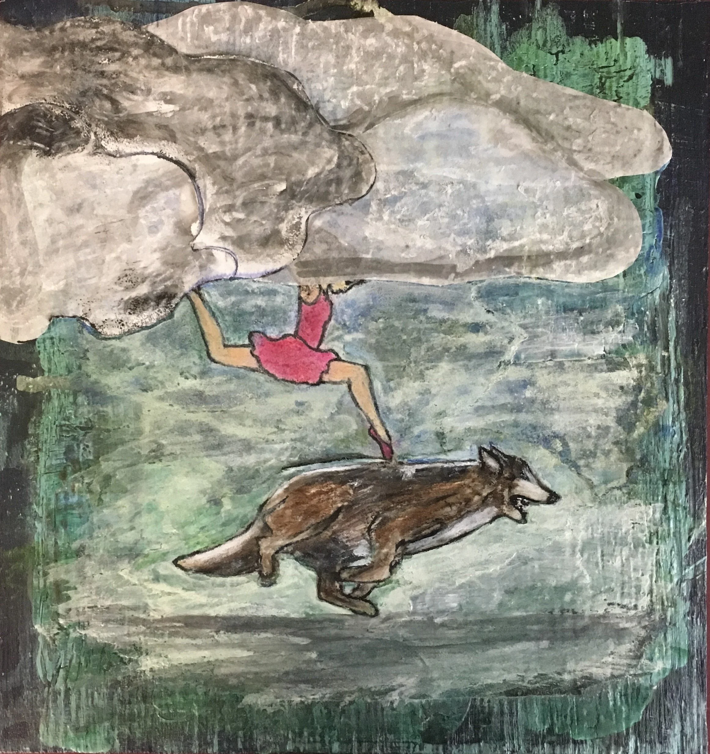 "Dancer with Her Head in the Clouds"
Mixed media, collage, monoprint, acrylic on reclaimed wood. 9"x10"