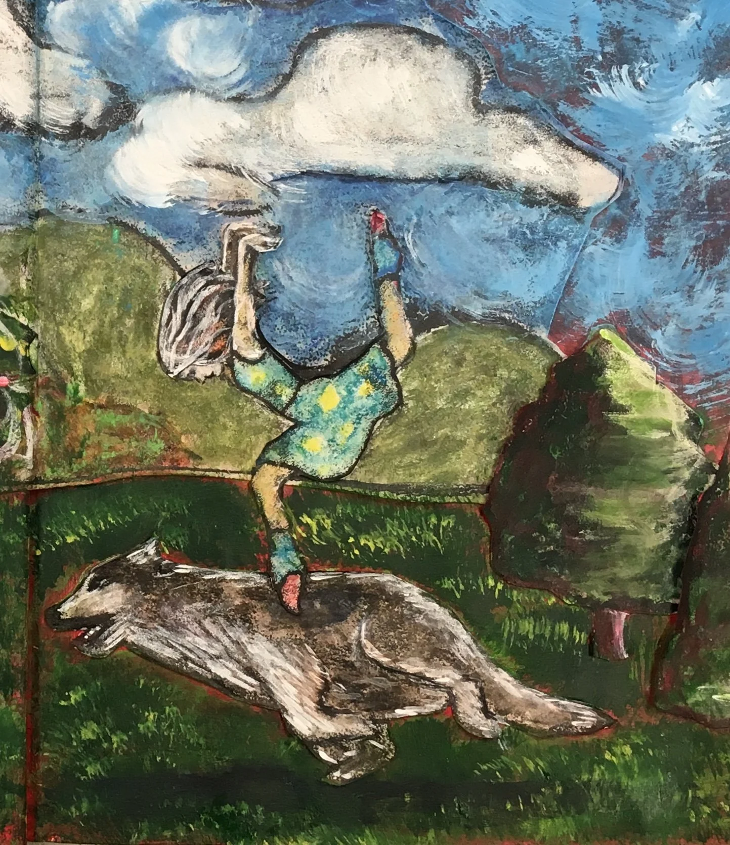 "Dancer with Her Head in the Clouds."
Chalk pastel, acrylic, collage on paper.
8"x9.5" framed