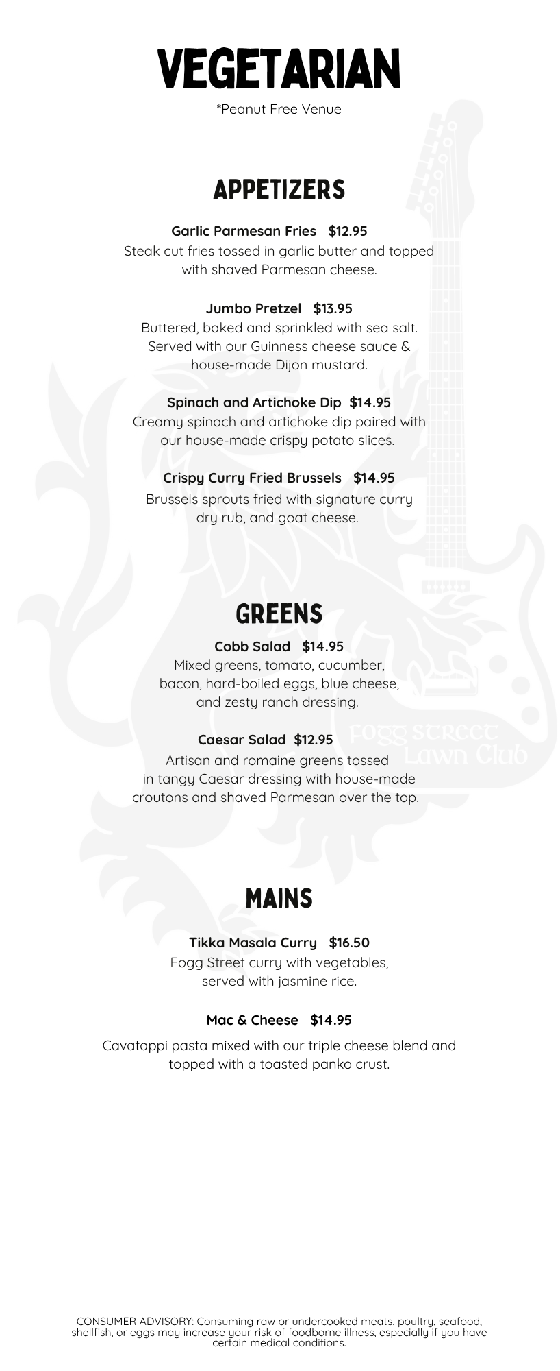 Vegetarian restaurant menu with sections for appetizers, greens, and mains, featuring dishes like garlic Parmesan fries, jumbo pretzel, spinach artichoke dip, curry fried Brussels, cobb salad, Caesar salad, Tikka Masala curry, and mac and cheese.