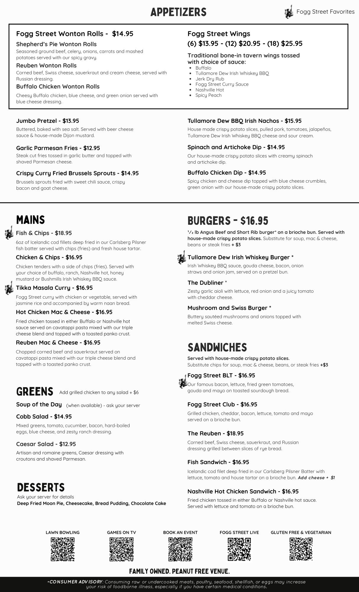 Menu of Fogg Street Favorites with appetizers, main dishes, burgers, sandwiches, desserts, and shareable QR codes at the bottom for family-owned, peanut-free venue.