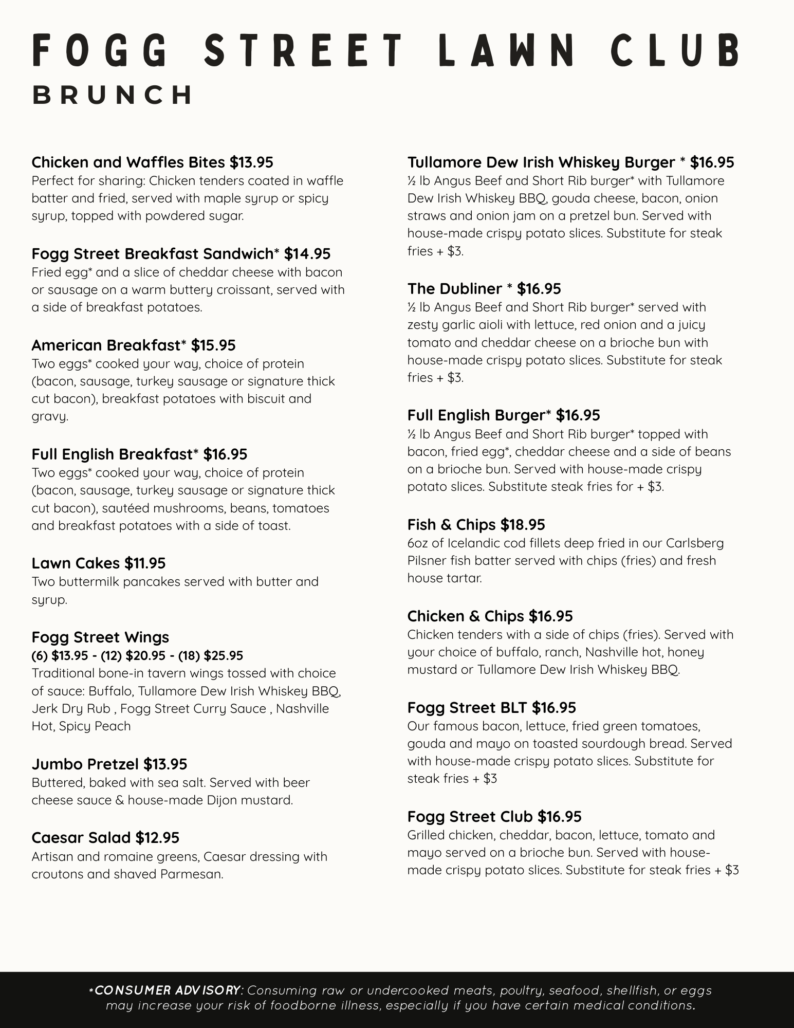 Menu page of Fogg Street Lawn Club restaurant listing various breakfast and burger options, with prices and descriptions.