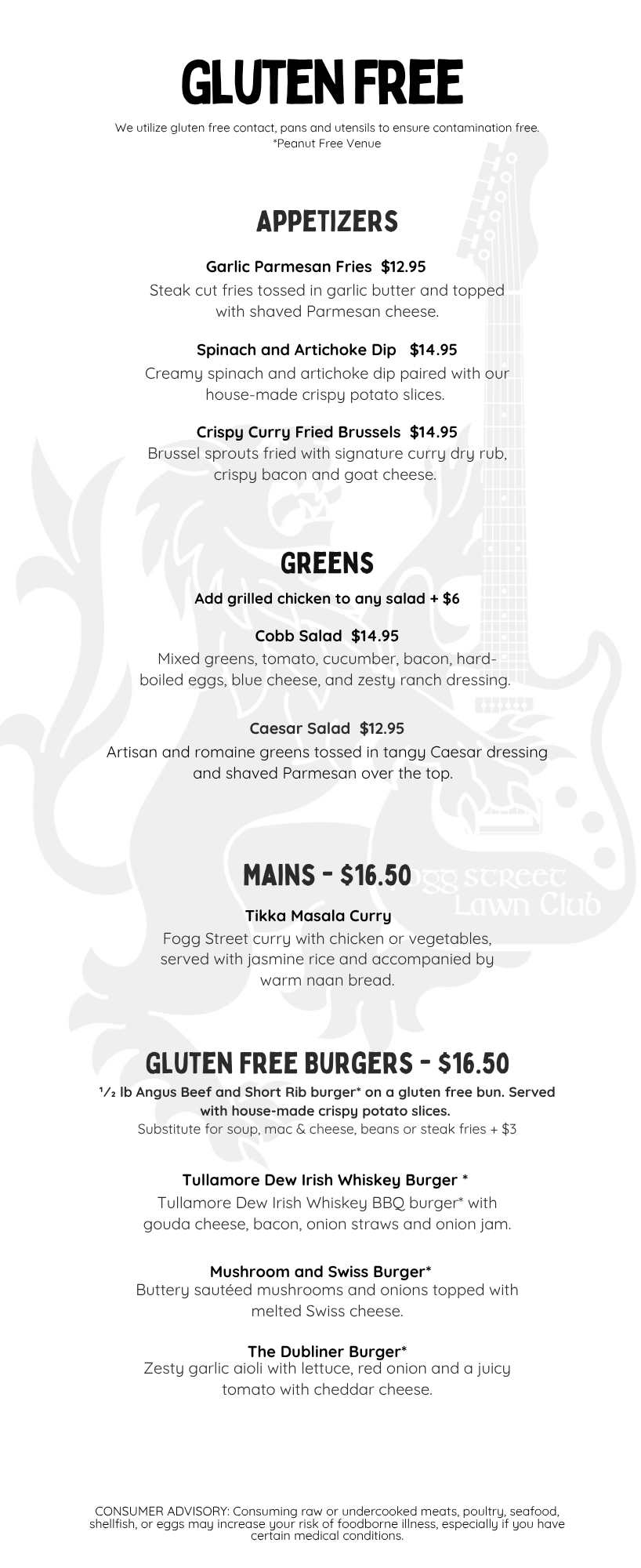 A menu titled 'Gluten Free' listing appetizers, greens, main courses, and gluten-free burgers, with prices and descriptions, on a white background with a subtle lion face graphic in the background.