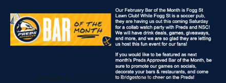 Banner advertising February Bar of the Month at Preds, located at Foggy St Lawn Club, with text about upcoming events and encouraging followers to visit Bridgestone to celebrate.