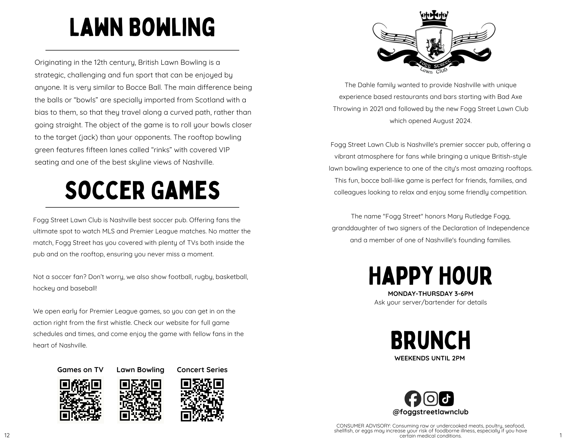 A promotional flyer for Fogg Street Lawn Club highlighting lawn bowling, soccer games, concert series, and brunch. The flyer includes text about the history and offerings of the club, along with QR codes for event schedules and social media icons for Facebook, Instagram, and TikTok.