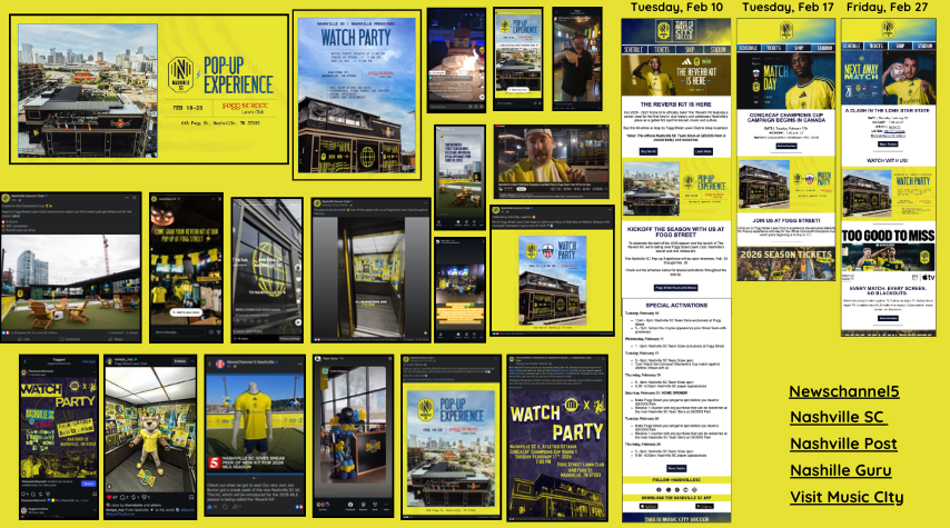 A collage of promotional images and event details for the Nashville SC's pop-up experience, watch party, and game day celebrations at Fogg Street, including schedules, ticket information, and themed activities.