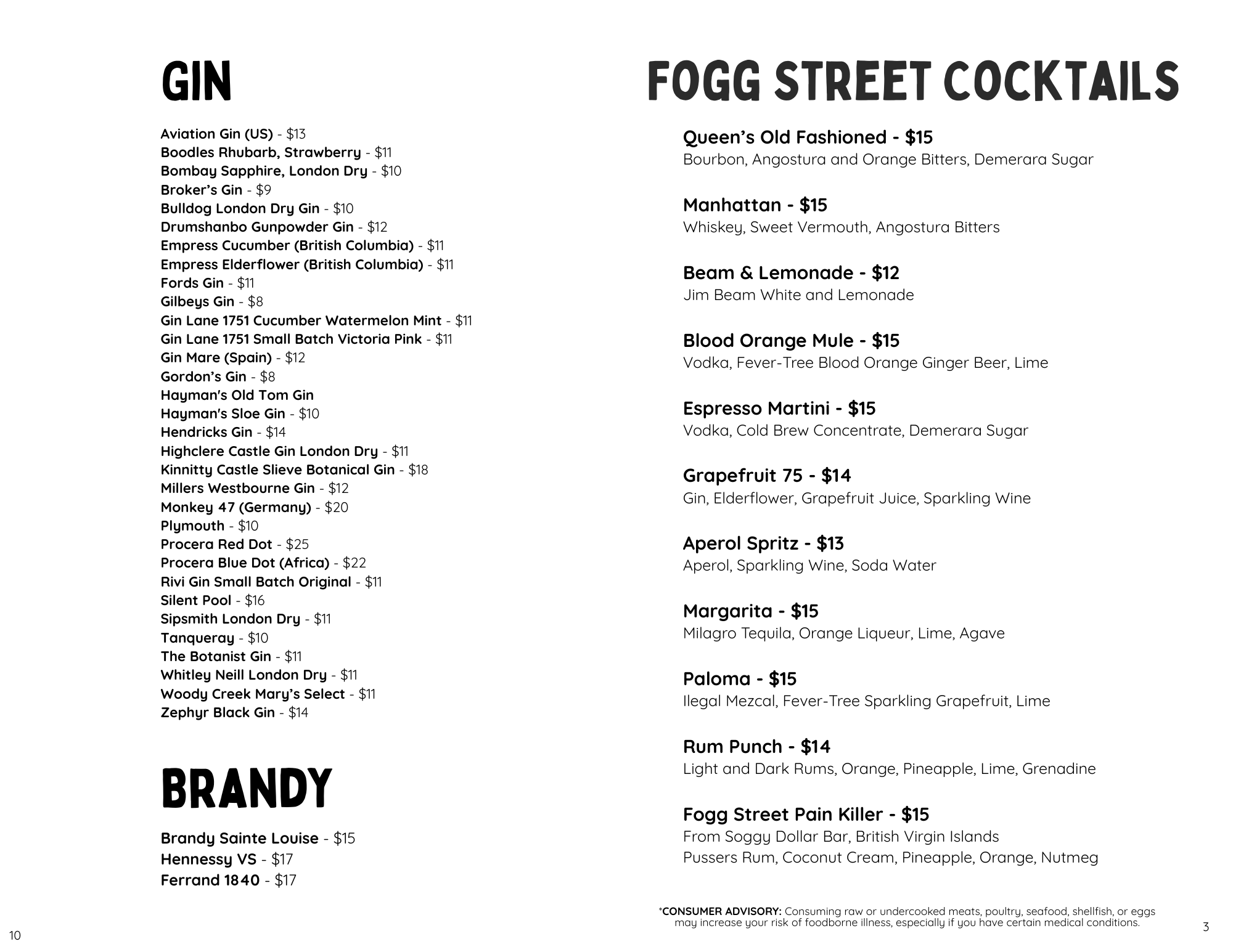 A drink menu featuring various gin options and Fogg Street Cocktails, with prices and ingredient descriptions.