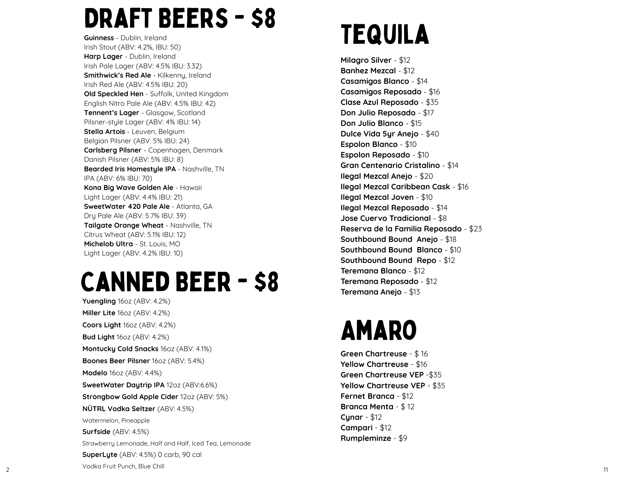 Part of a menu listing draft beers, canned beers, tequila and amaro with their prices, locations, and alcohol content details.