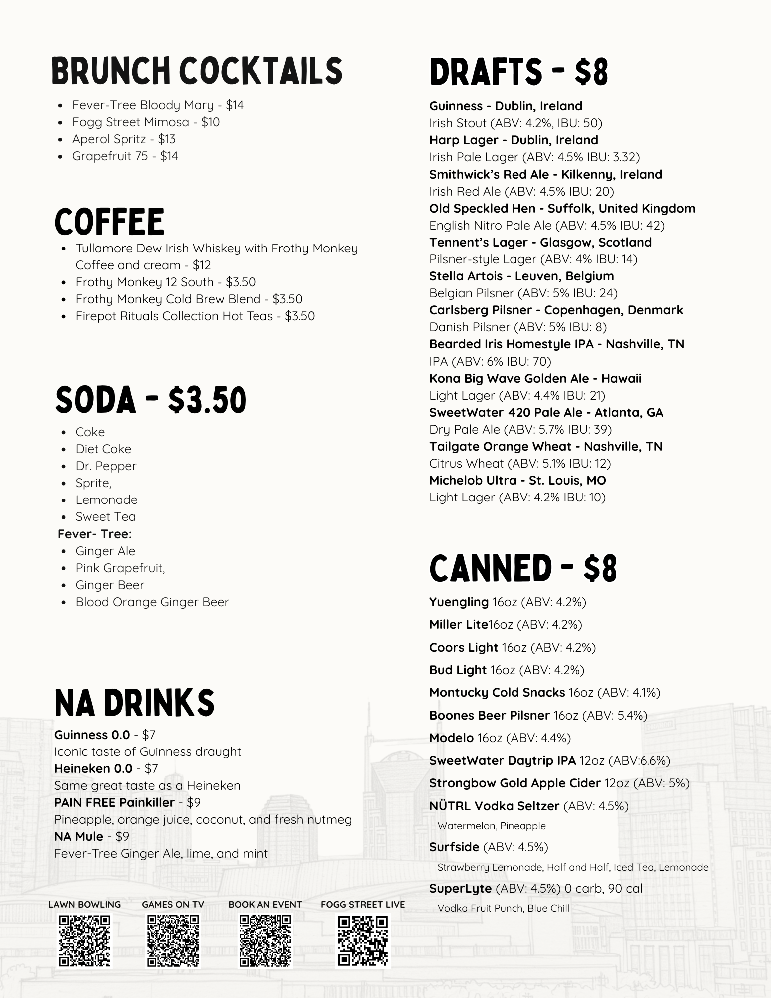 A menu from a restaurant featuring sections for brunch cocktails, coffee, sodas, and canned drinks, with various drink options, prices, and descriptions.