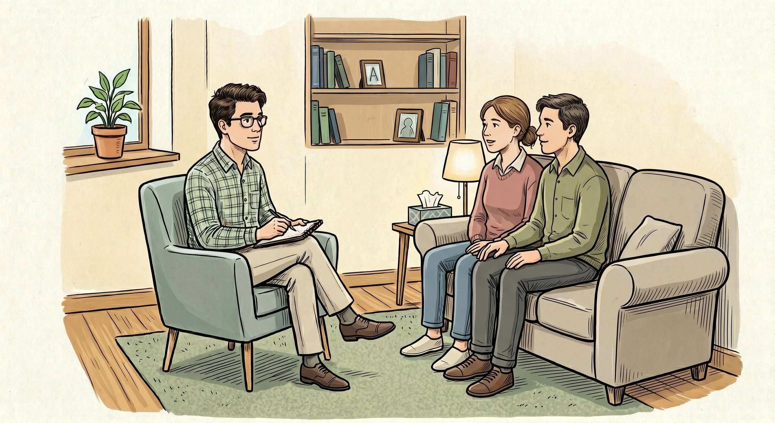 Illustration of a couple sitting together on a sofa talking with a counsellor