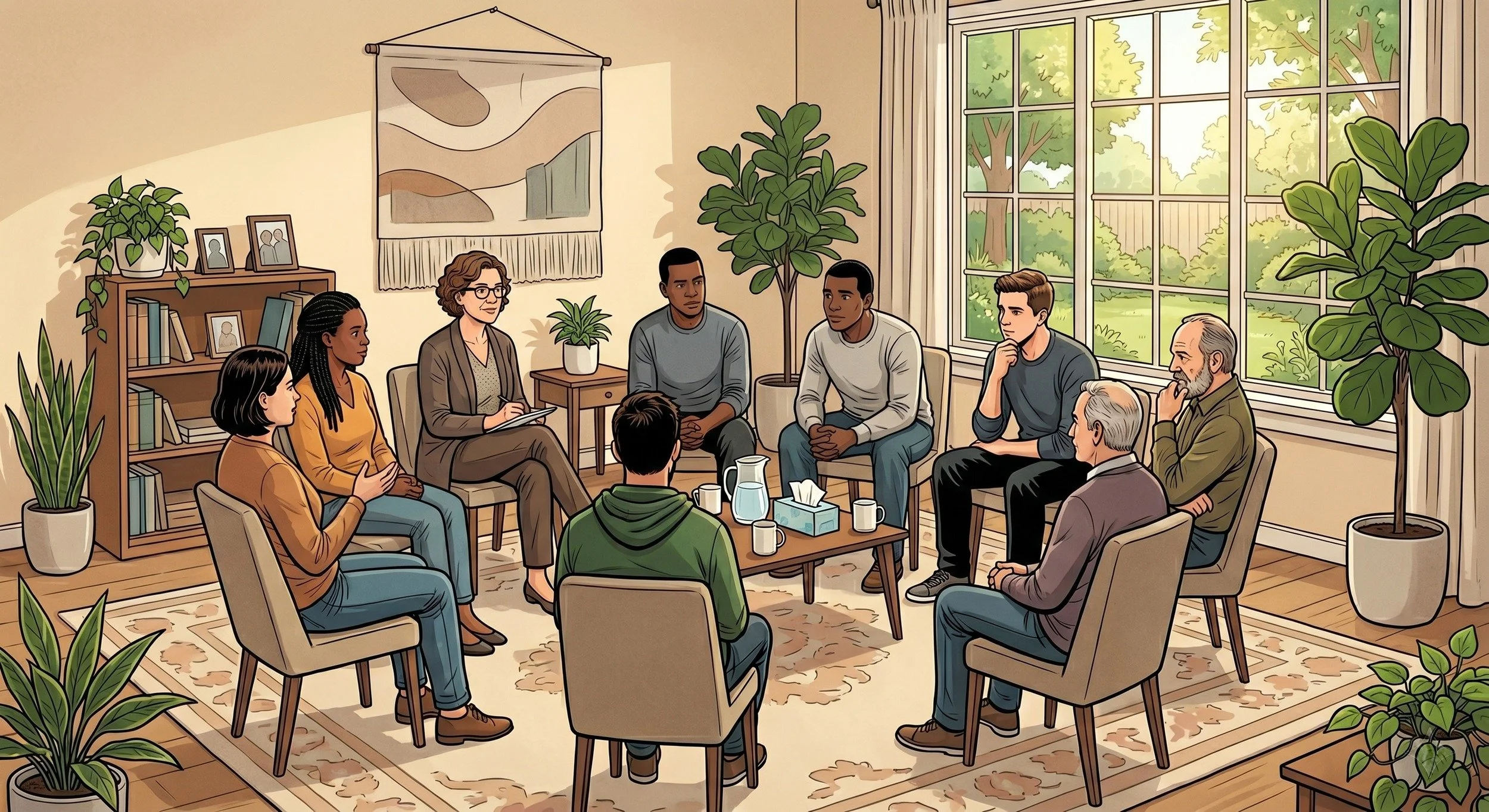 Illustration of a support group sitting in a circle in a bright, plant-filled room