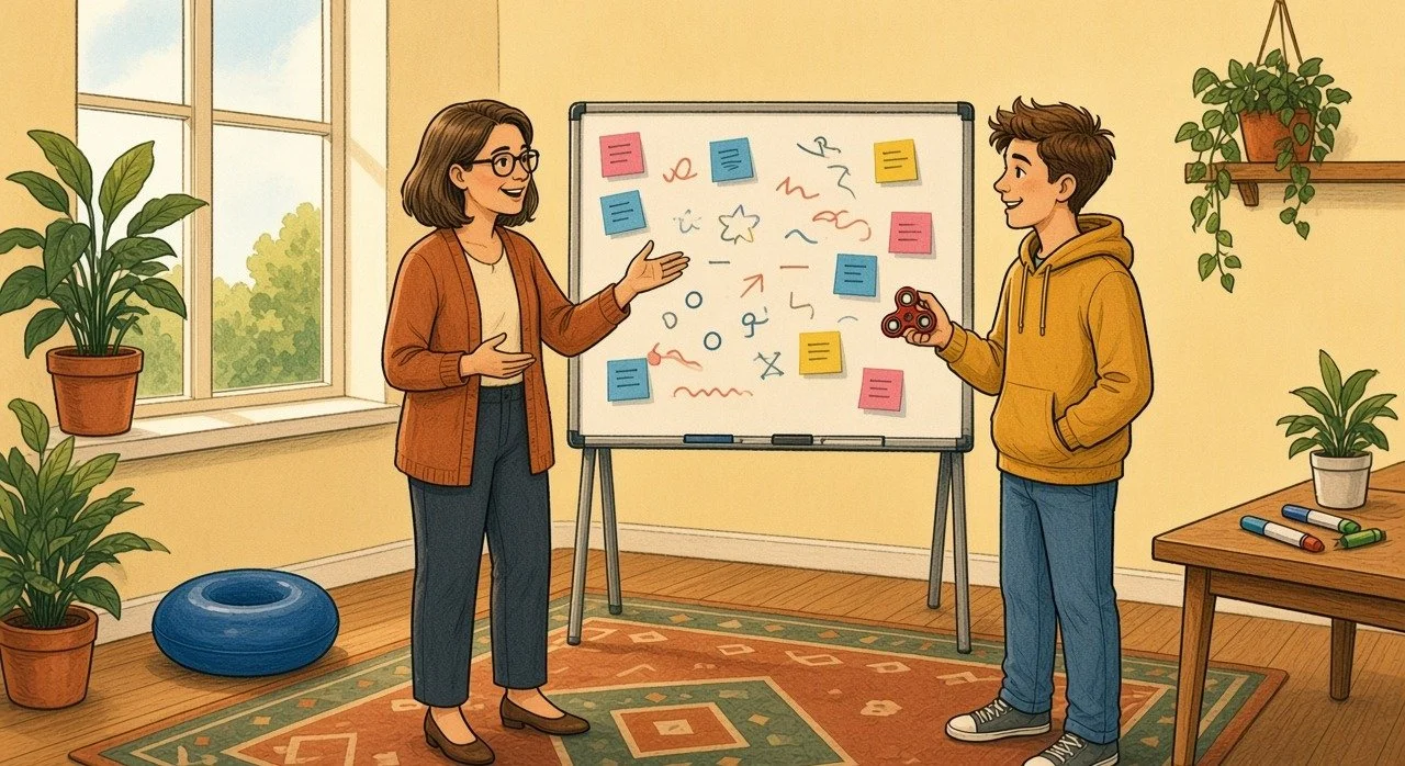 Illustration of a teen and counsellor planning together at a whiteboard in a neuro-affirming session