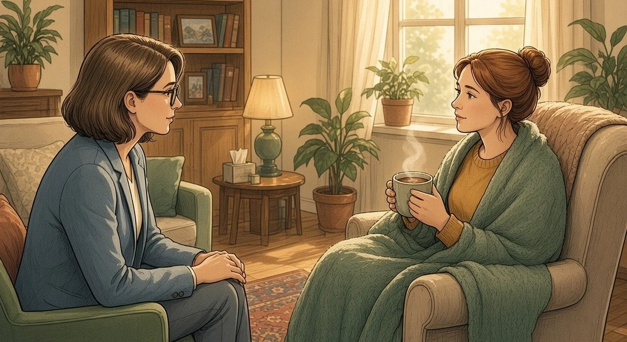 Illustration of a client wrapped in a blanket holding tea while talking calmly with a counsellor
