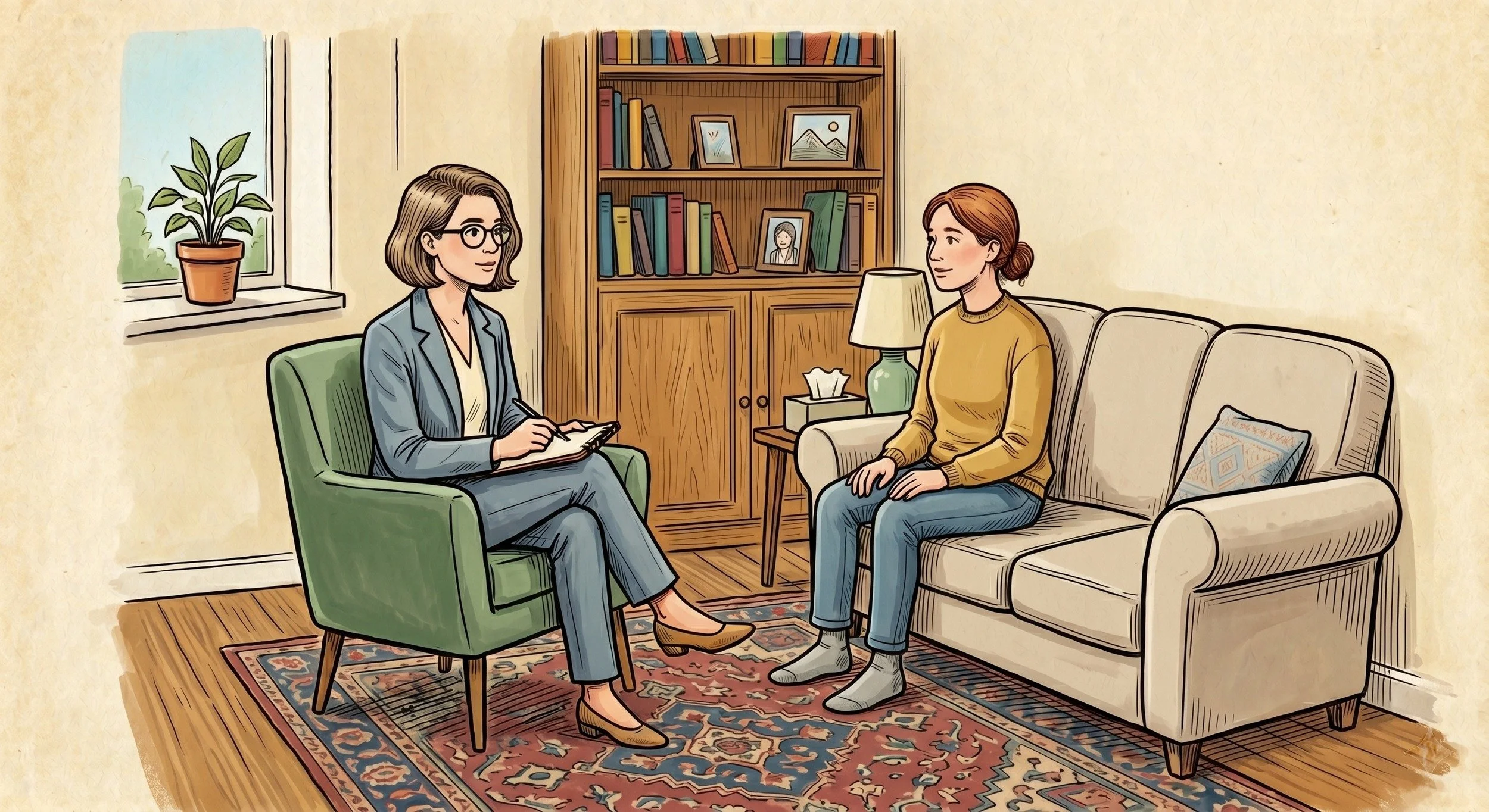 Illustration of a counsellor and client talking one-on-one in a cozy counselling office in Cochrane