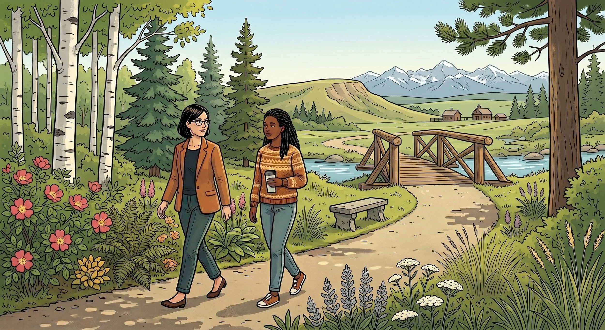 Illustration of a counsellor and client walking a forest trail with the Rocky Mountain foothills behind them