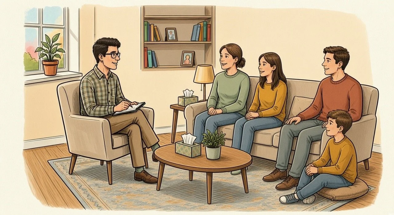 Illustration of parents and their children talking with a family counsellor