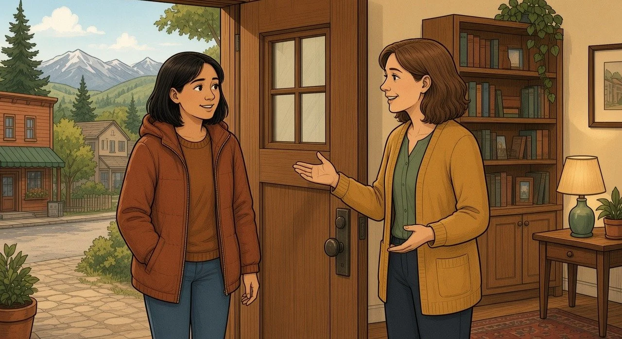Illustration of a counsellor welcoming a client into a cozy counselling office in Cochrane