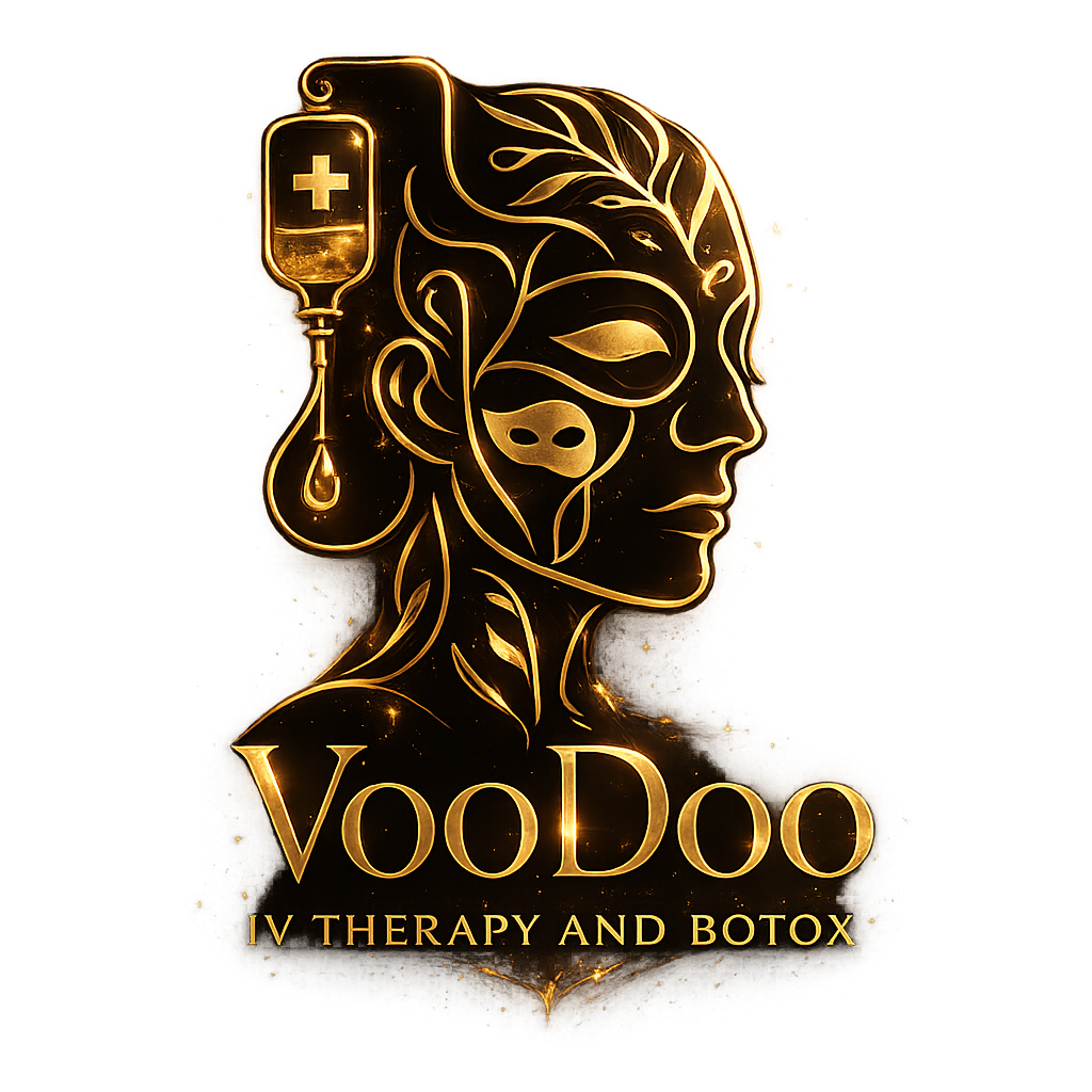 A logo for VooDoo IV Therapy and Botox featuring a stylized female face with facial mask, leaves, and a dropper with a medical cross, all in gold on a dark background.