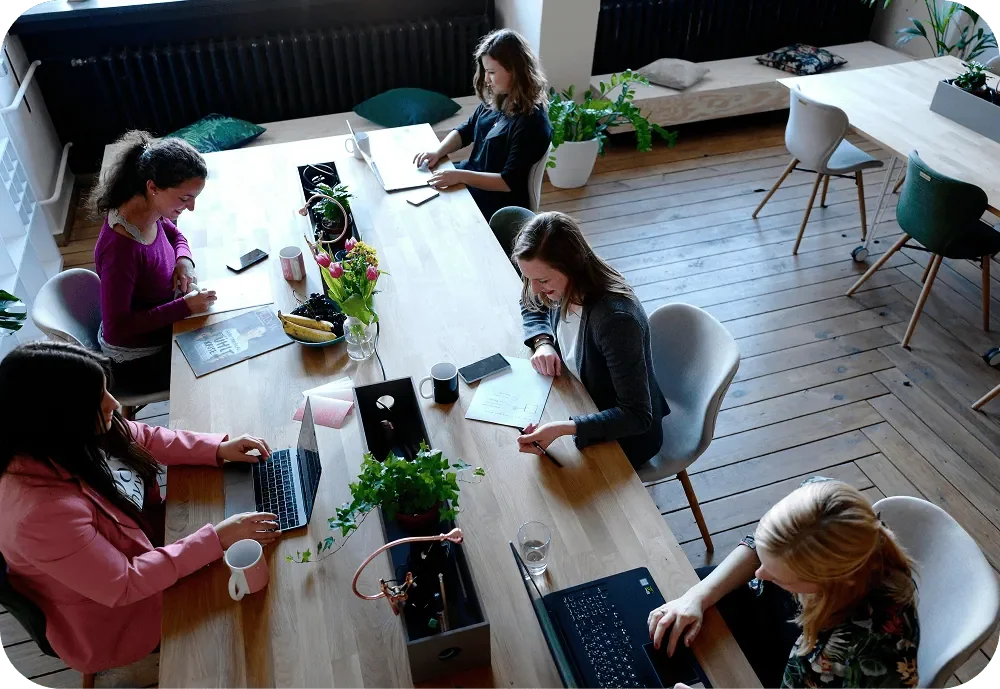 Group of women working together on laptops in supportive business community