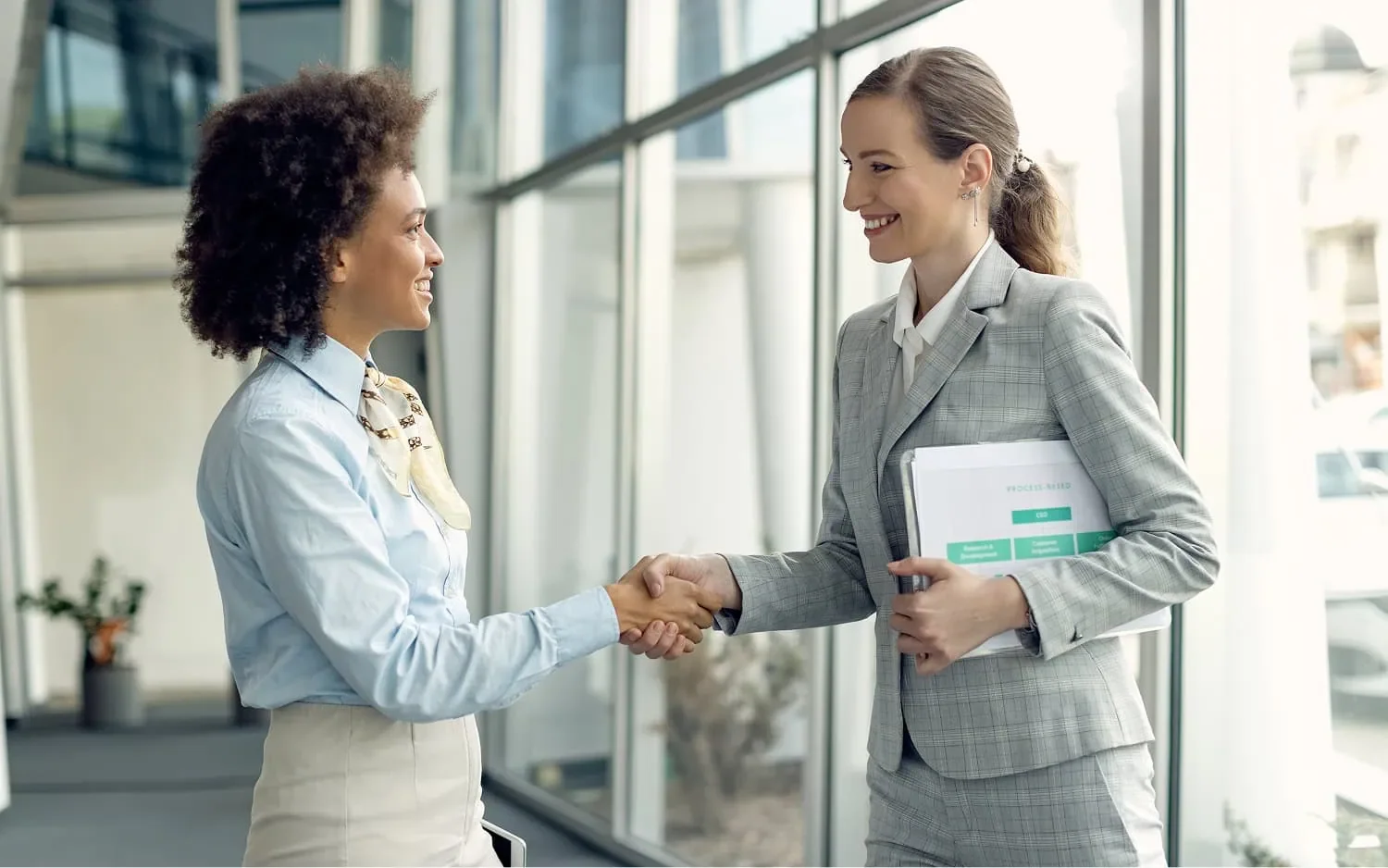 two women shaking hands to form a partnership