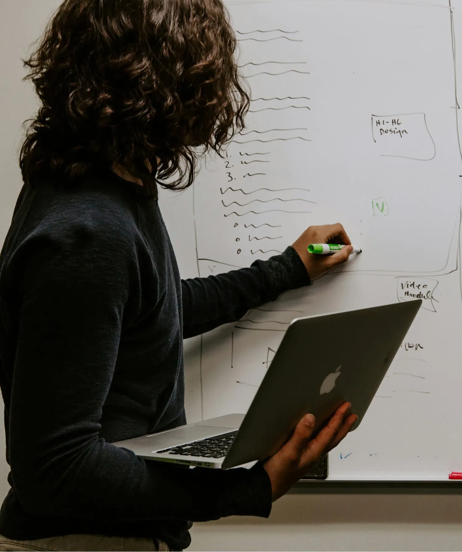 woman writing on whiteboard during business financing session in Alberta