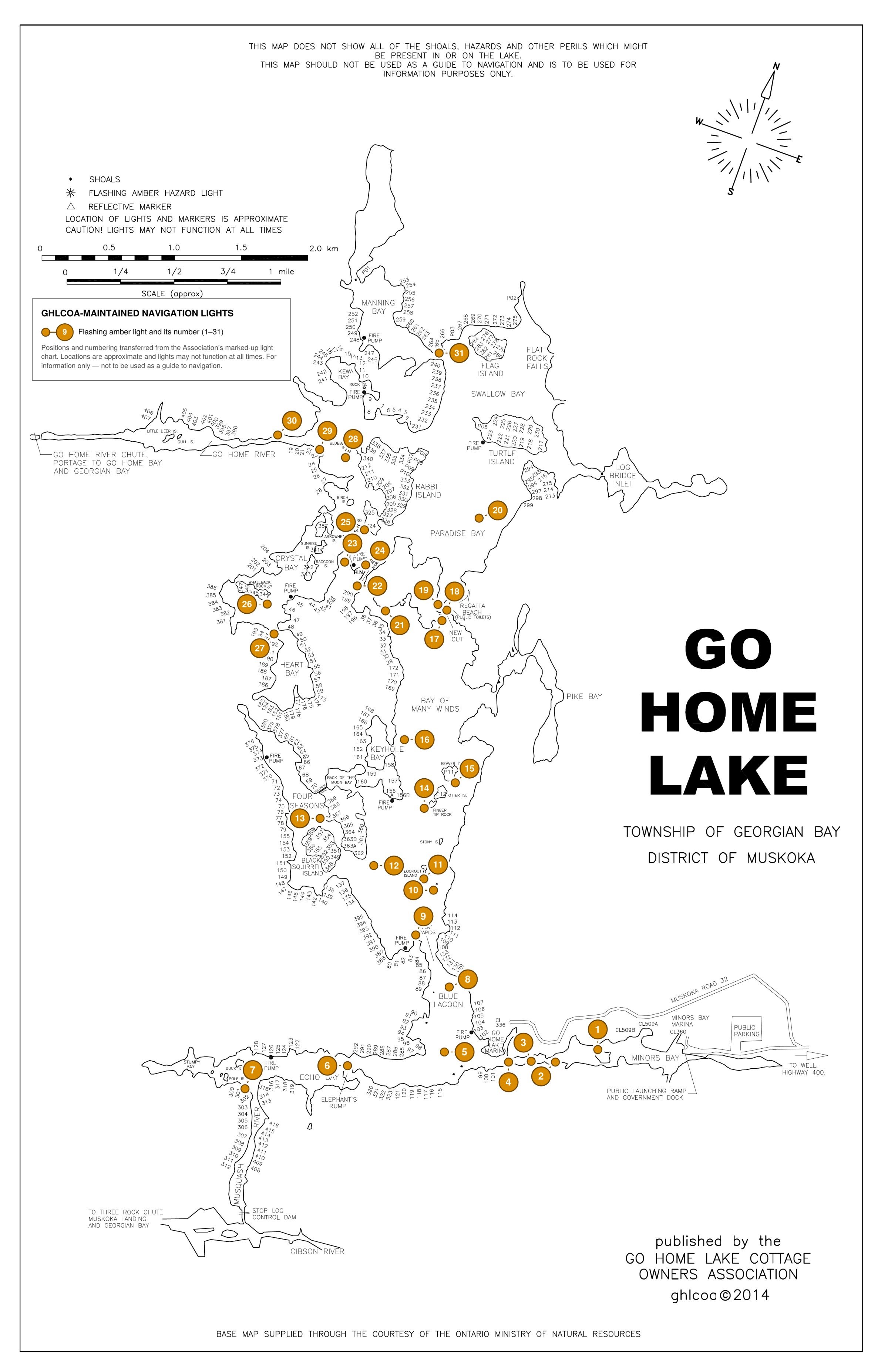 Go Home Lake map showing the 31 flashing amber navigation lights maintained by the Cottage Owners Association