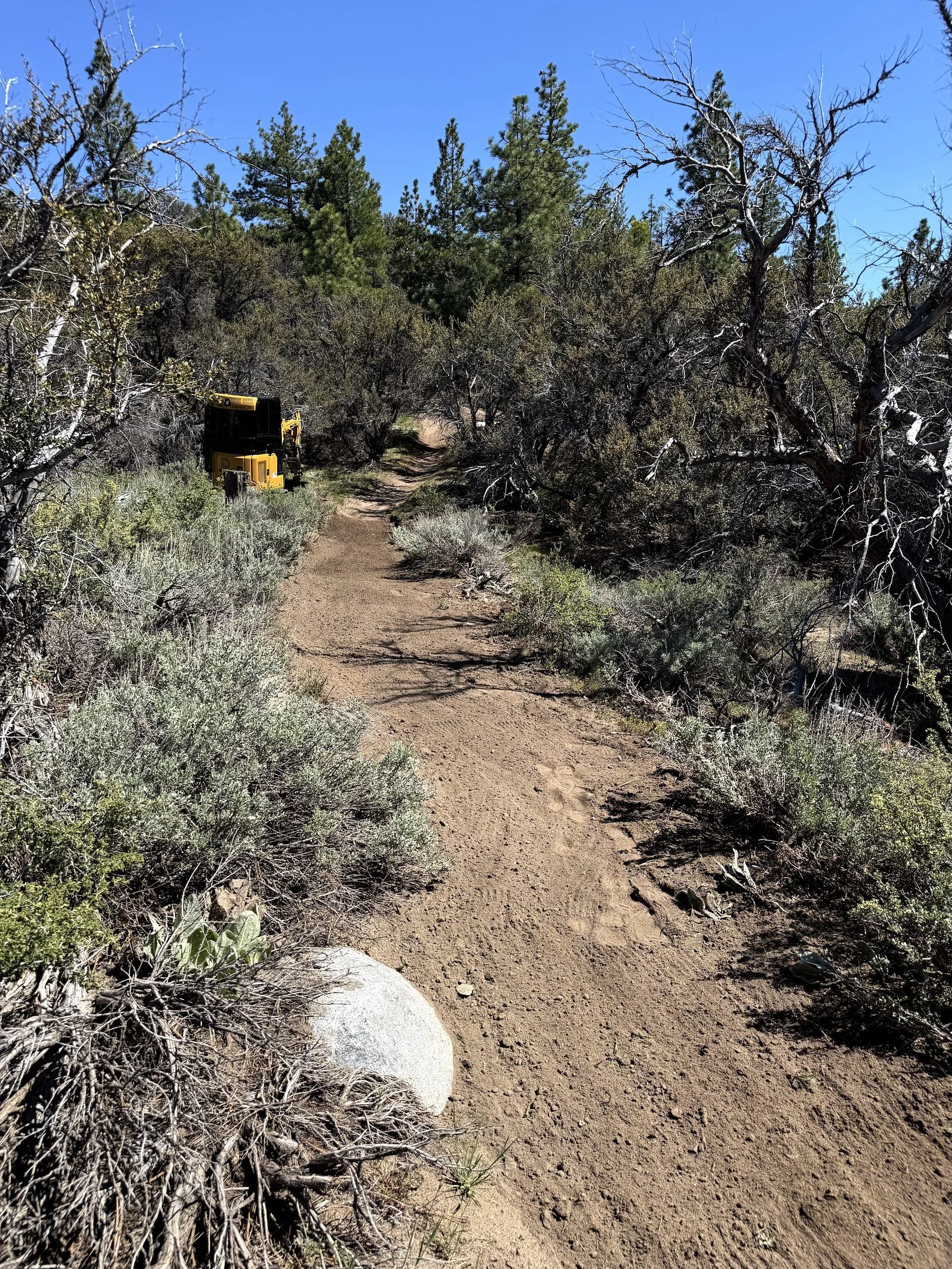 Natural surface trail up a brushy hillside with an excavator in the distance