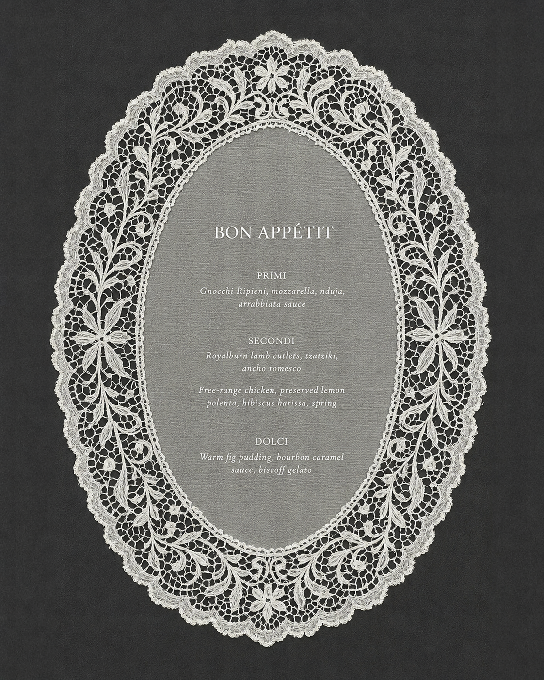 Elegant dinner menu with a lace border on a dark background, featuring Italian dishes and desserts.