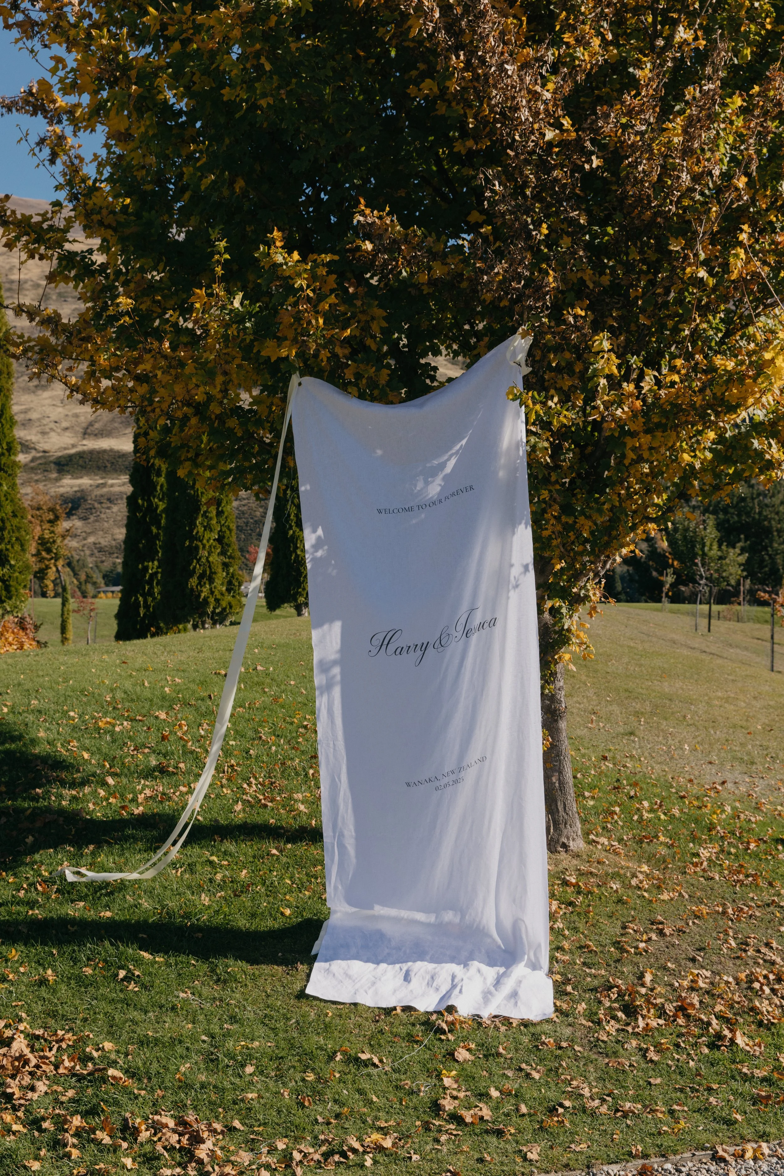 fabric signage new zealand hanging on tree rippon wanaka