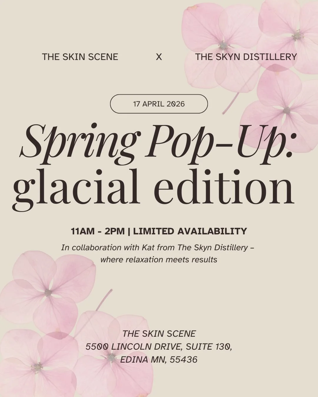 SPRING POP-UP: Glacial Edition 🌸✨

We&rsquo;re so excited for this special collab with Kat from The Skyn Distillery!

Join us April 17th from 11am-2pm for express tox treatments, lip flips, and a complimentary Glacial Glide ($80 value) to elevate yo