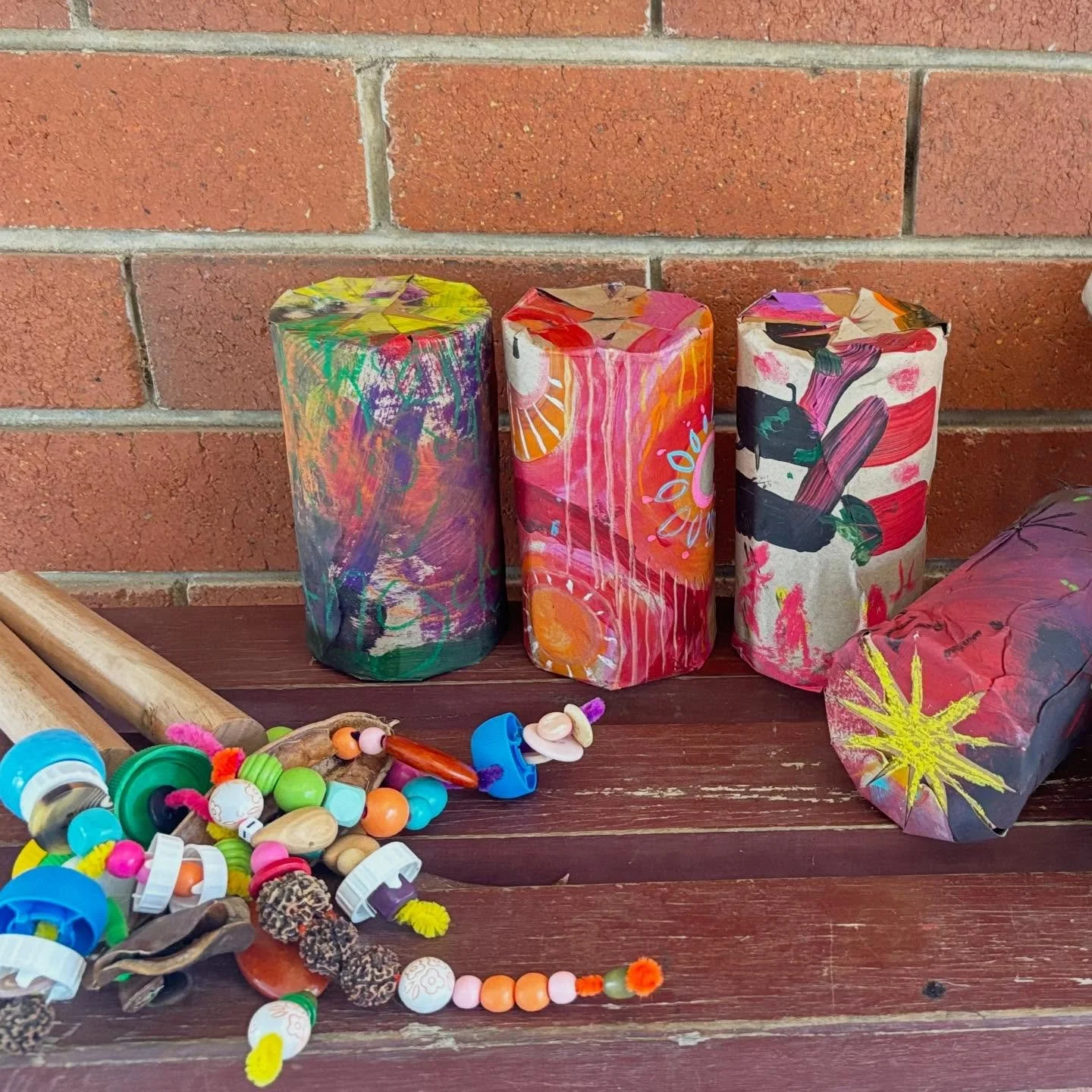 Today&rsquo;s sensory exploration @campcreativebello was sound. We created a range of diy instruments with the kids, shakers wrapped in original art, rain sticks, homemade drum kits and brightly coloured bottle top noisemakers. Tomorrow is our last d