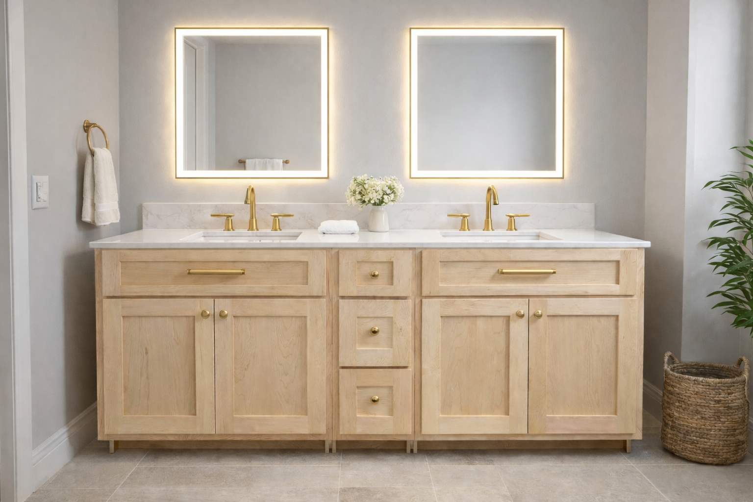 Natural Maple Vanity in bathroom