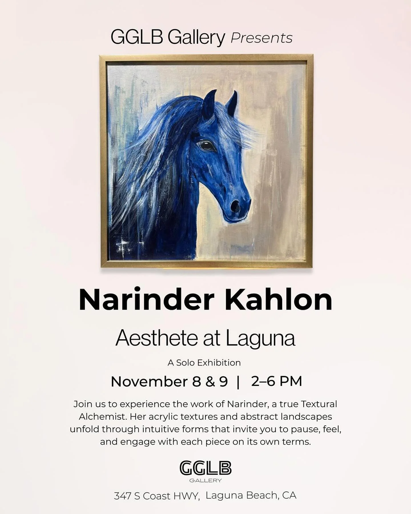 Step into Narinder Kahlon&rsquo;s world of texture and intuition.
Join us this weekend at GGLB Gallery and feel the art unfold.

🗓 November 8 &amp; 9 | 2&ndash;6 pm.

📍 GGLB Gallery &ndash; 347 S Coast Hwy, Laguna Beach, CA

🌐 gglb.net￼