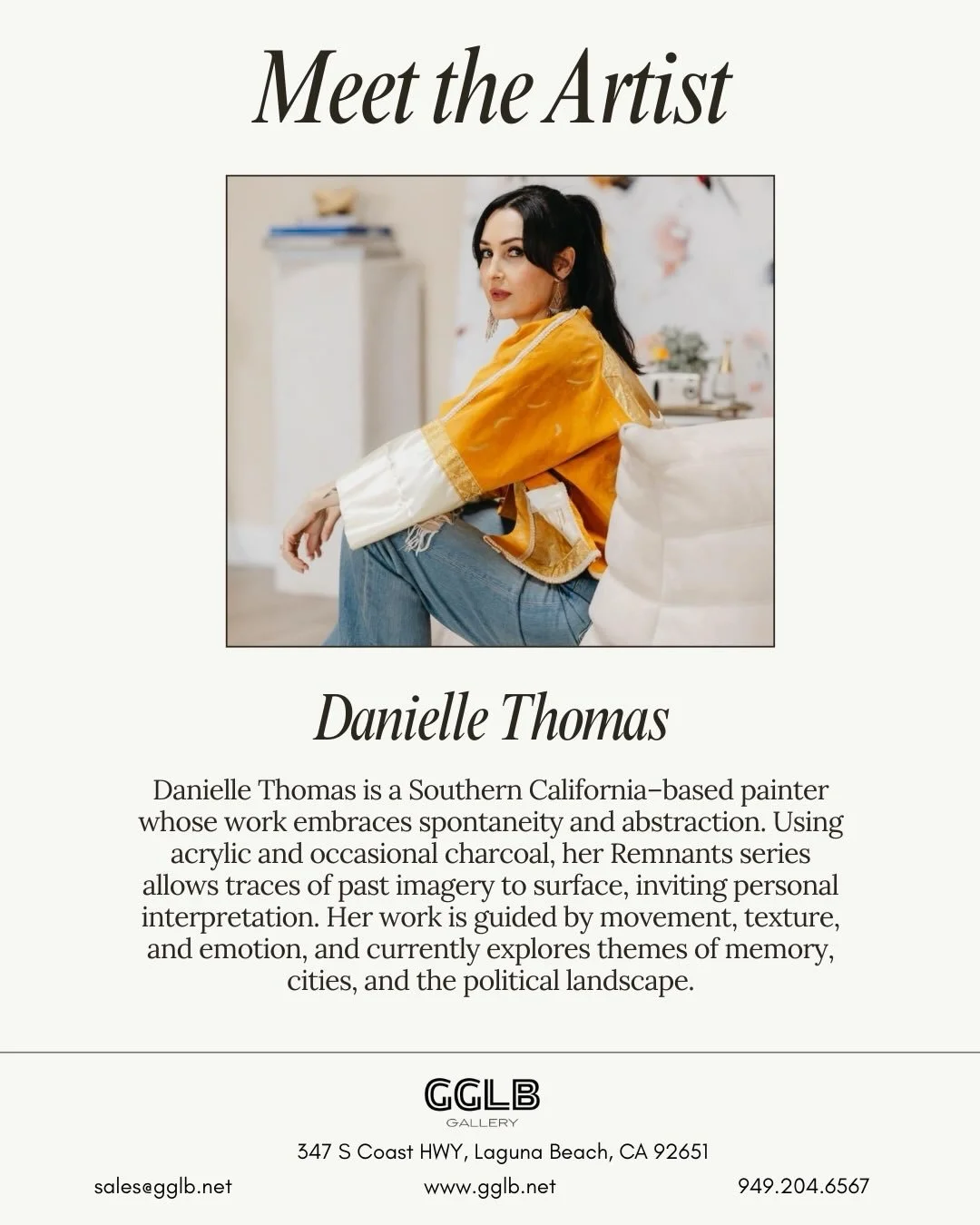 Meet the Artist ; Danielle Thomas is a Southern California&ndash;based painter whose abstract work explores memory and place through movement and texture.

Now on view at the gallery.