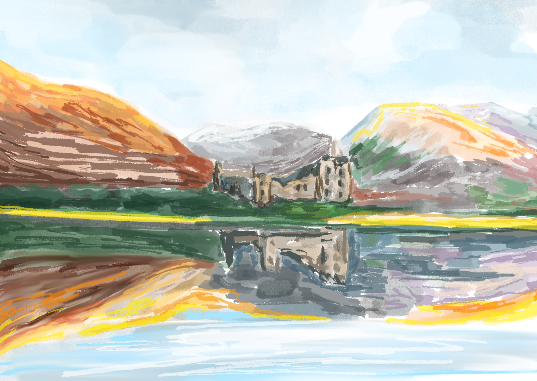A colorful watercolor painting of a castle on a lake, surrounded by mountains with various colors, under a partly cloudy sky.