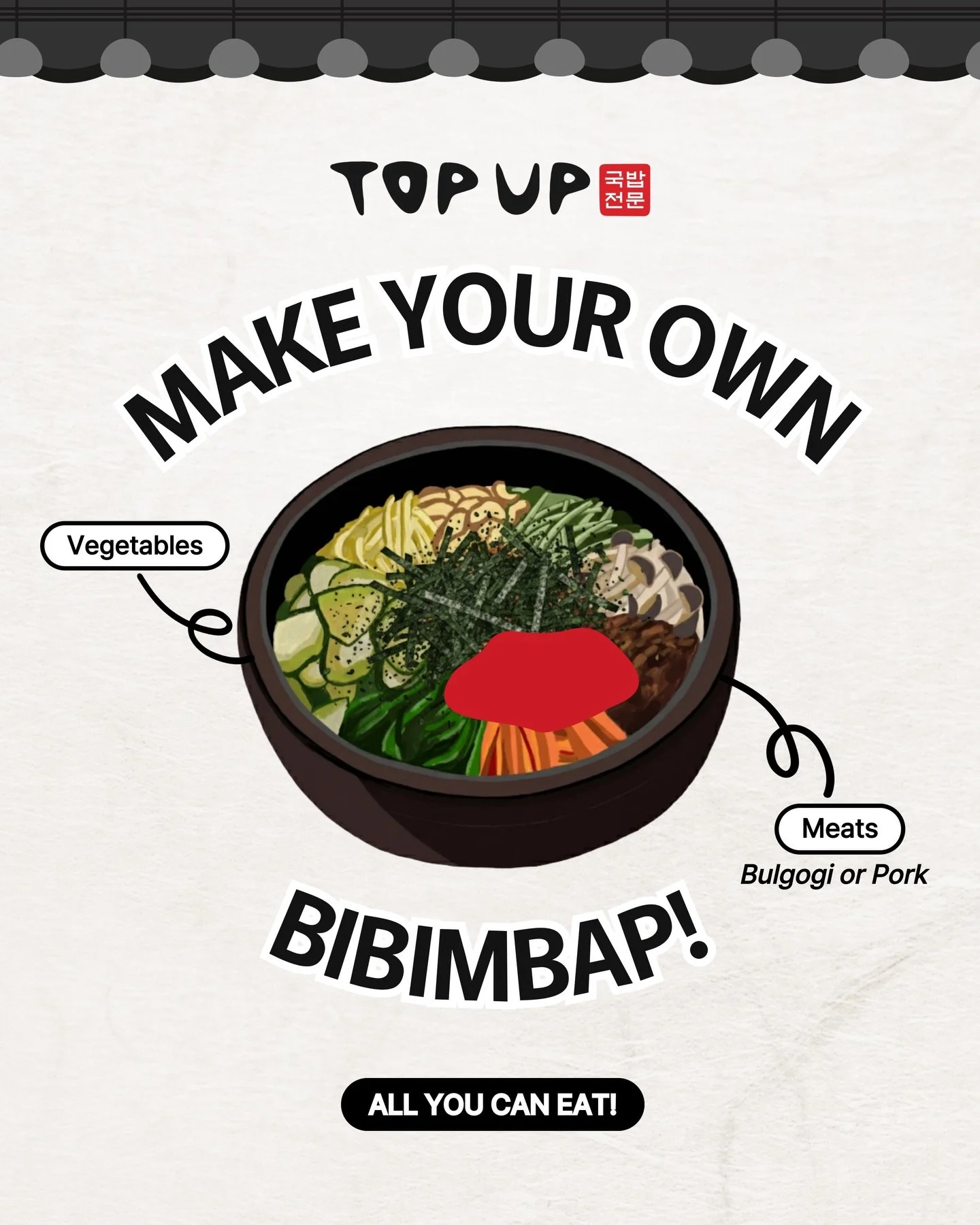 MAKE YOUR OWN BIBIMBAP! 🍚

Choose your toppings, add your sauce, mix it all together.
Swipe to view all the toppings and soups 👉🏻

All you can eat! 

📍Top Up Buffet Inala