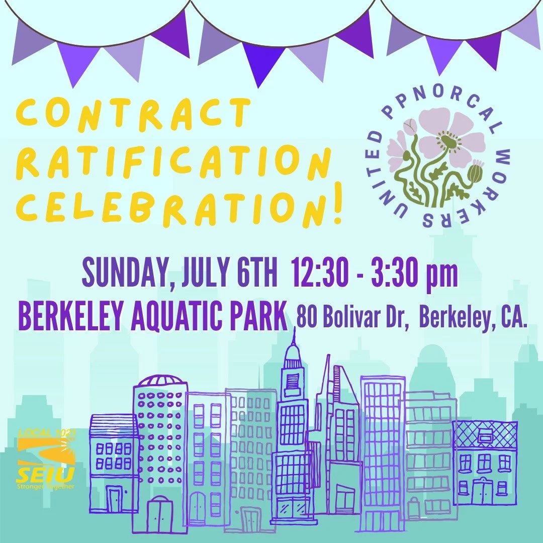 We've worked so hard, and it's time to celebrate! Join us for our East Bay Ratification Party this Sunday, July 6, from 12:30 to 3:30 PM at Berkeley's Aquatic Park! SEIU funds come from member dues that can only be spent on food for SEIU members, so 