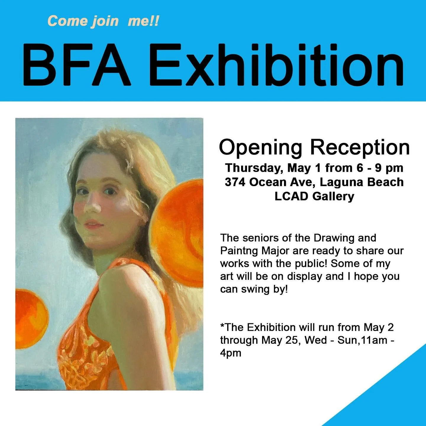 The senior show is coming up so soon! I&rsquo;ve been working in the show since last fall, so excited for the opening. I hope you can join us for the opening May 1!
#exibition #artist #opening #event #laguna #lagunaartwalk