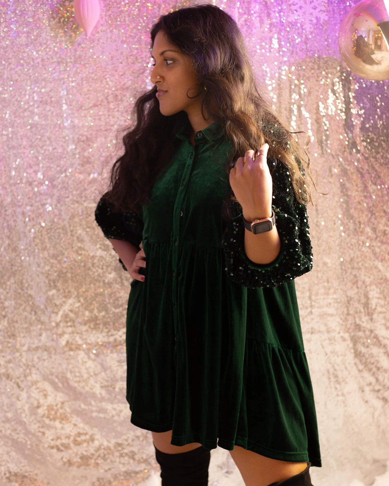 ✨ Velvet season has entered the chat ✨

This emerald beauty is giving effortless glam with a side of confidence. Soft velvet, subtle sparkle sleeves, and a flowy fit that moves with you. Whether you&rsquo;re heading to a holiday party, date night, or