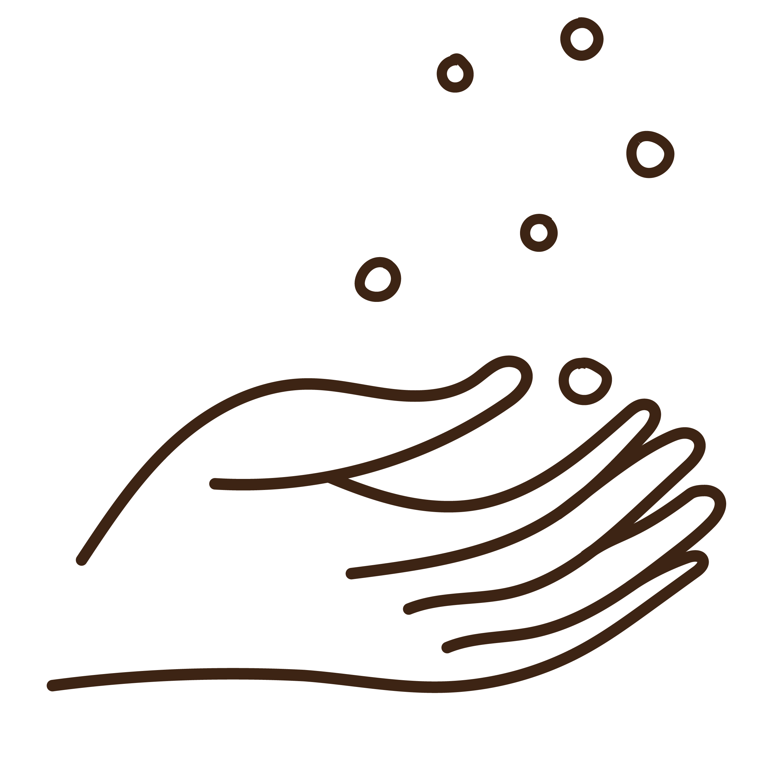 Line drawing of a hand with bubbles above it, representing washing hands.