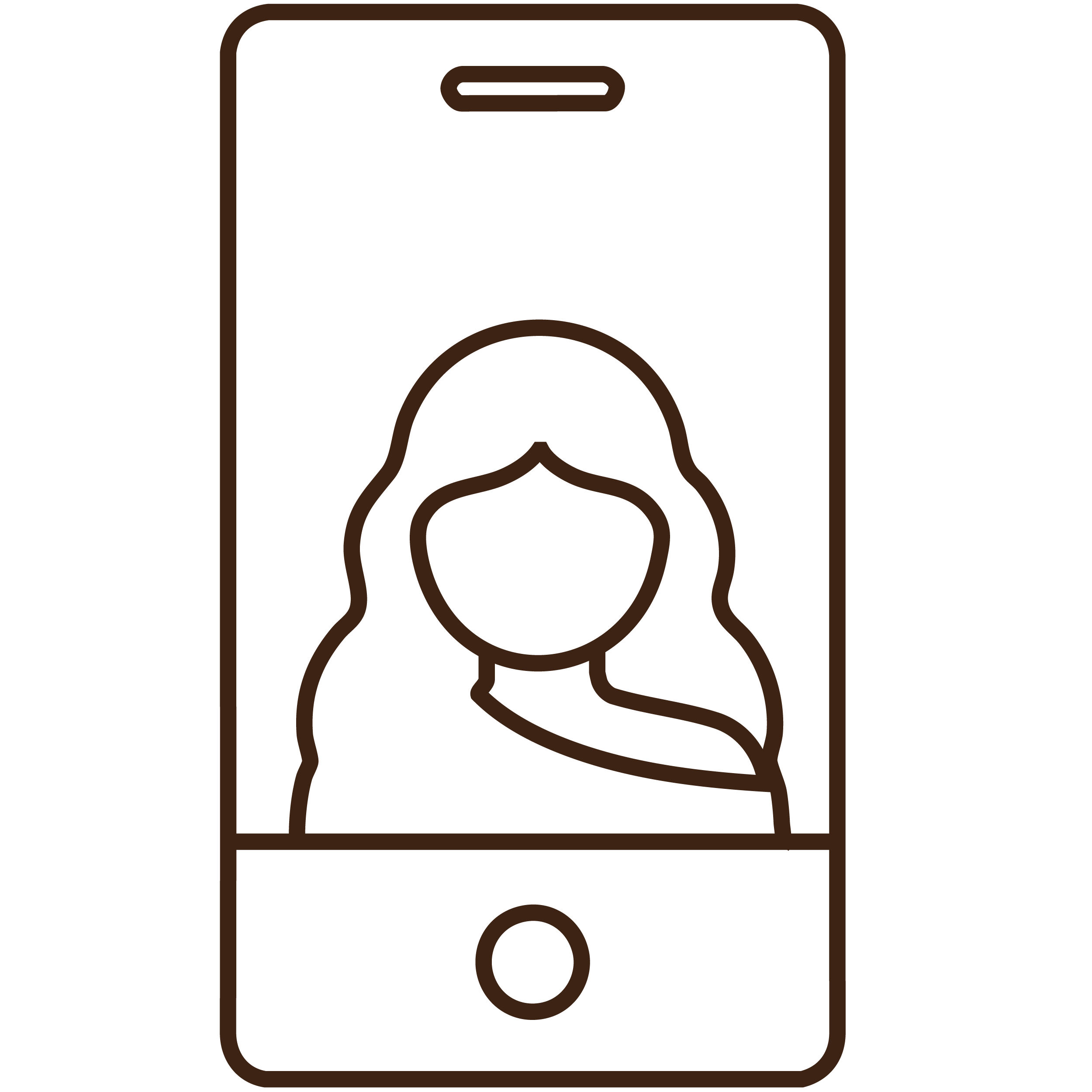 Line drawing of a person with long hair on a smartphone screen, representing a video call or selfie.