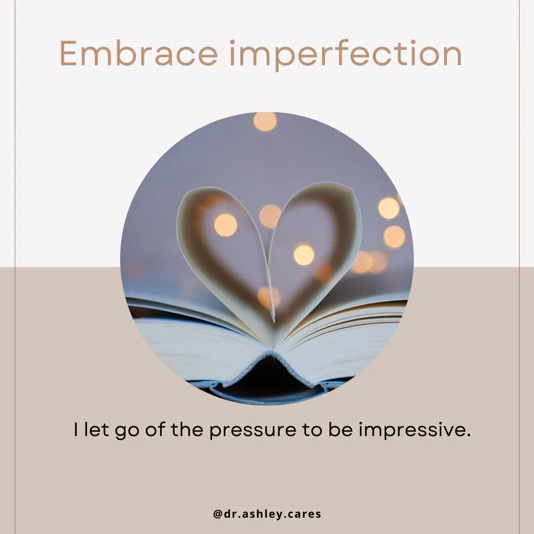 Affirmation: I let go of the pressure to be impressive. 

Embrace Imperfection 💗

#imperfection #dailyaffirmation #selfcompassion #therapistnearme #blacktherapistnearme