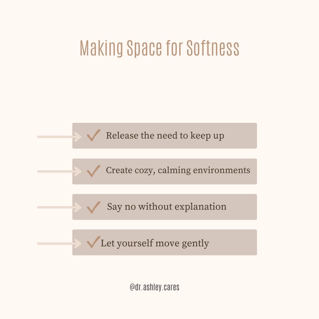 🌸 Making Space for Softness

&bull; Release the need to keep up
&bull; Create cozy, calming environments
&bull; Say no without explanation 
&bull; Let yourself move gently 

#selfcompassion #softness #healingjourney #therapistnearme #blacktherapistn