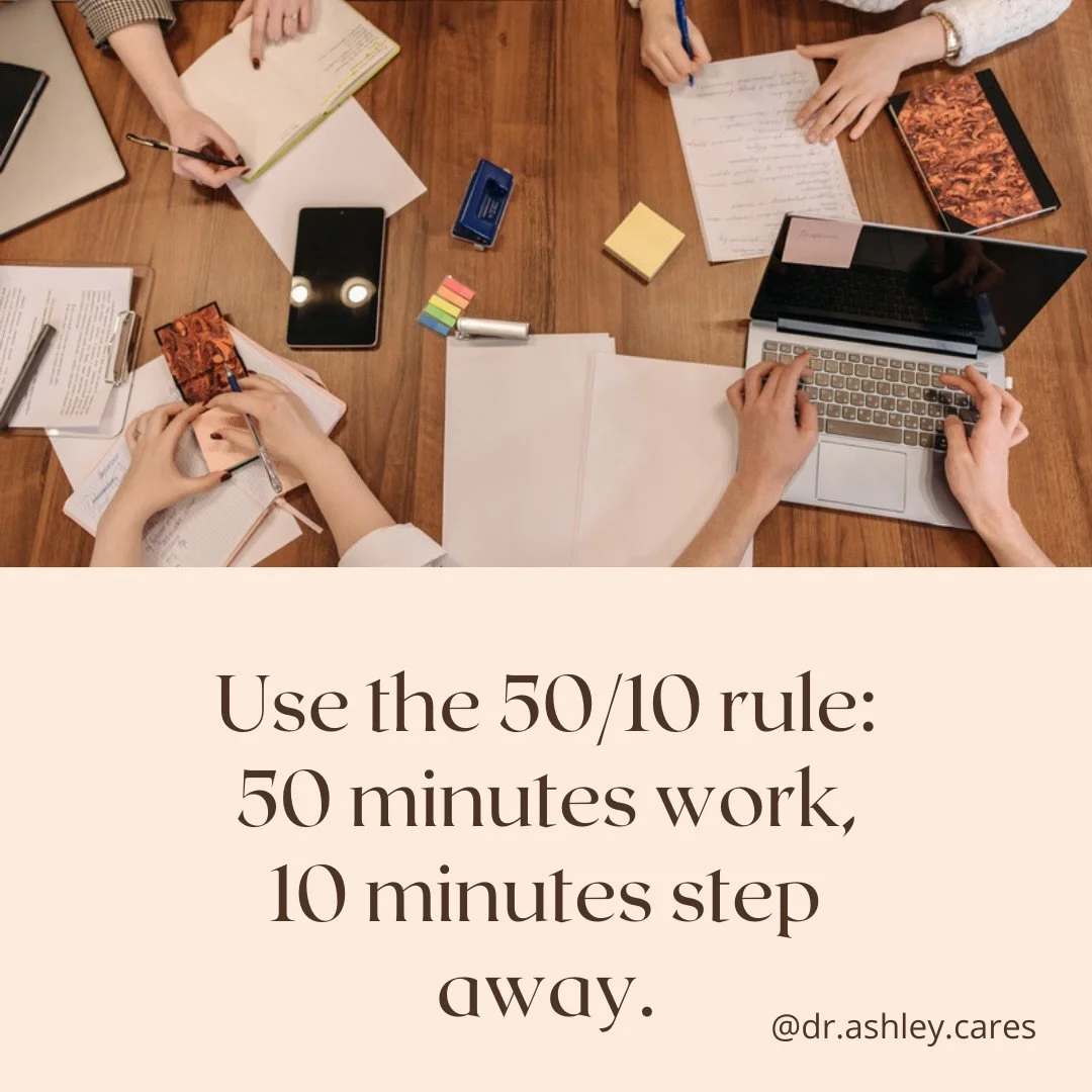 🧐Use the 50/10 rule: 50 minutes work, 10 minutes step away. 

#stressmanagementtips #selfcompassion #therapistnearme #blacktherapistnearme #mentalhealthsupport