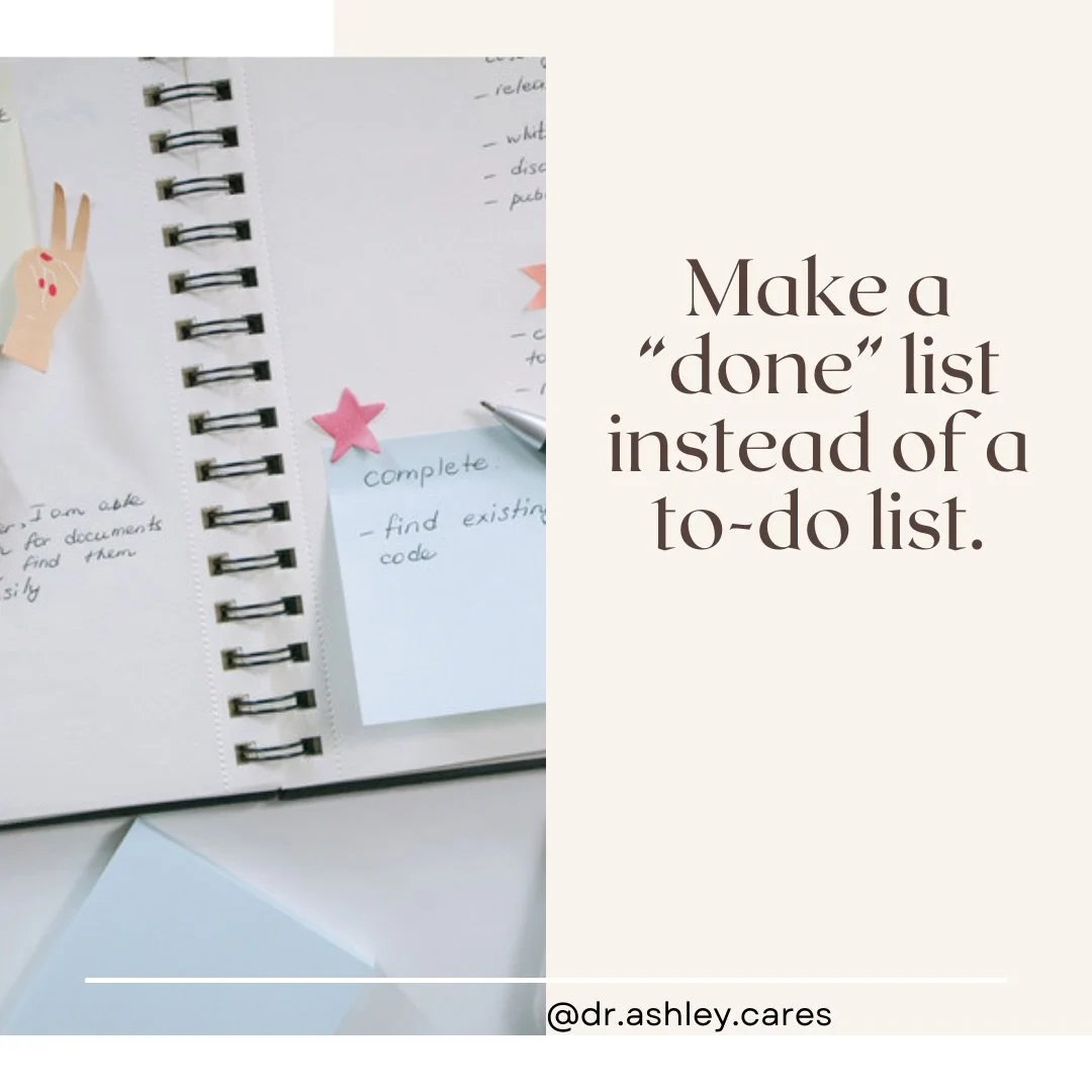 Stress management tip: Make a &ldquo;done&rdquo; list instead of a &ldquo;to-do&rdquo; list. 

#stressmanagment #selfcompassionjourney #overachiever #therapistnearme #blacktherapistnearme