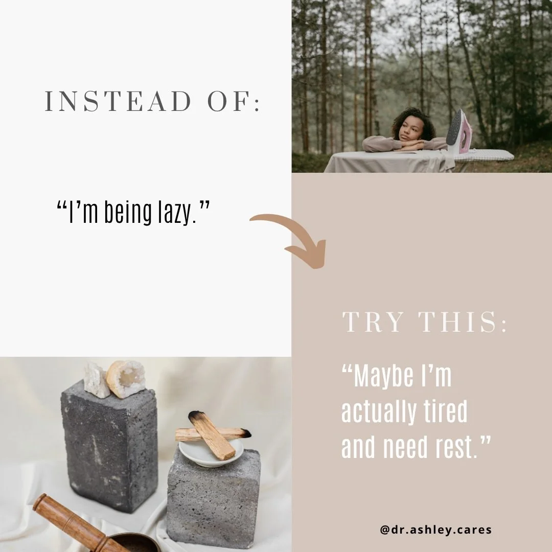 Instead of: &ldquo;I&rsquo;m being lazy.&rdquo;

Try this: &ldquo;maybe I&rsquo;m actually tired and need rest.&rdquo;

#selfcompassion #healingjourney #therapistnearme #blacktherapistnearme #stressmanagementtips