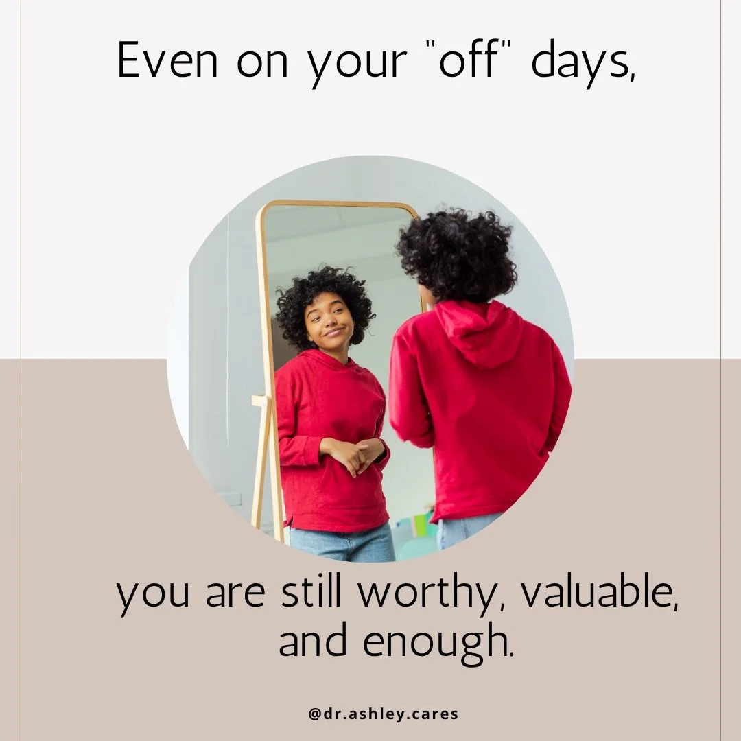 Even on your &ldquo;off&rdquo; days, you are still worthy, valuable, and enough. 

#selflove #selfcompassion #healingjourney #therapistnearme #blacktherapistnearme