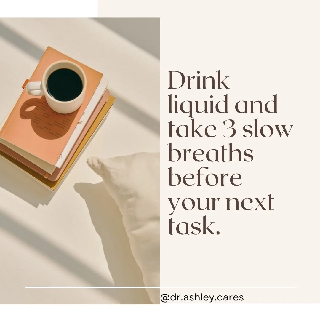 Drink liquid and take 3 slow breaths before your next task. 

#stressmanagementtips #therapistnearme #blacktherapistnearme #mindfulnesspractice #healingjourney