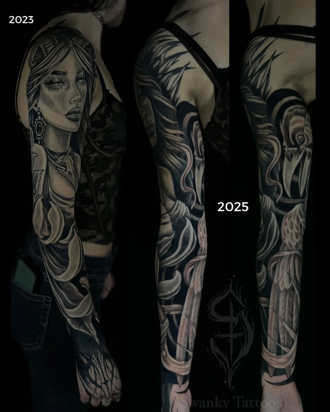 Progression of a woman’s full arm tattoo from 2023 to 2025, showing detailed black and gray artwork with a female portrait, abstract patterns, and floral elements.
