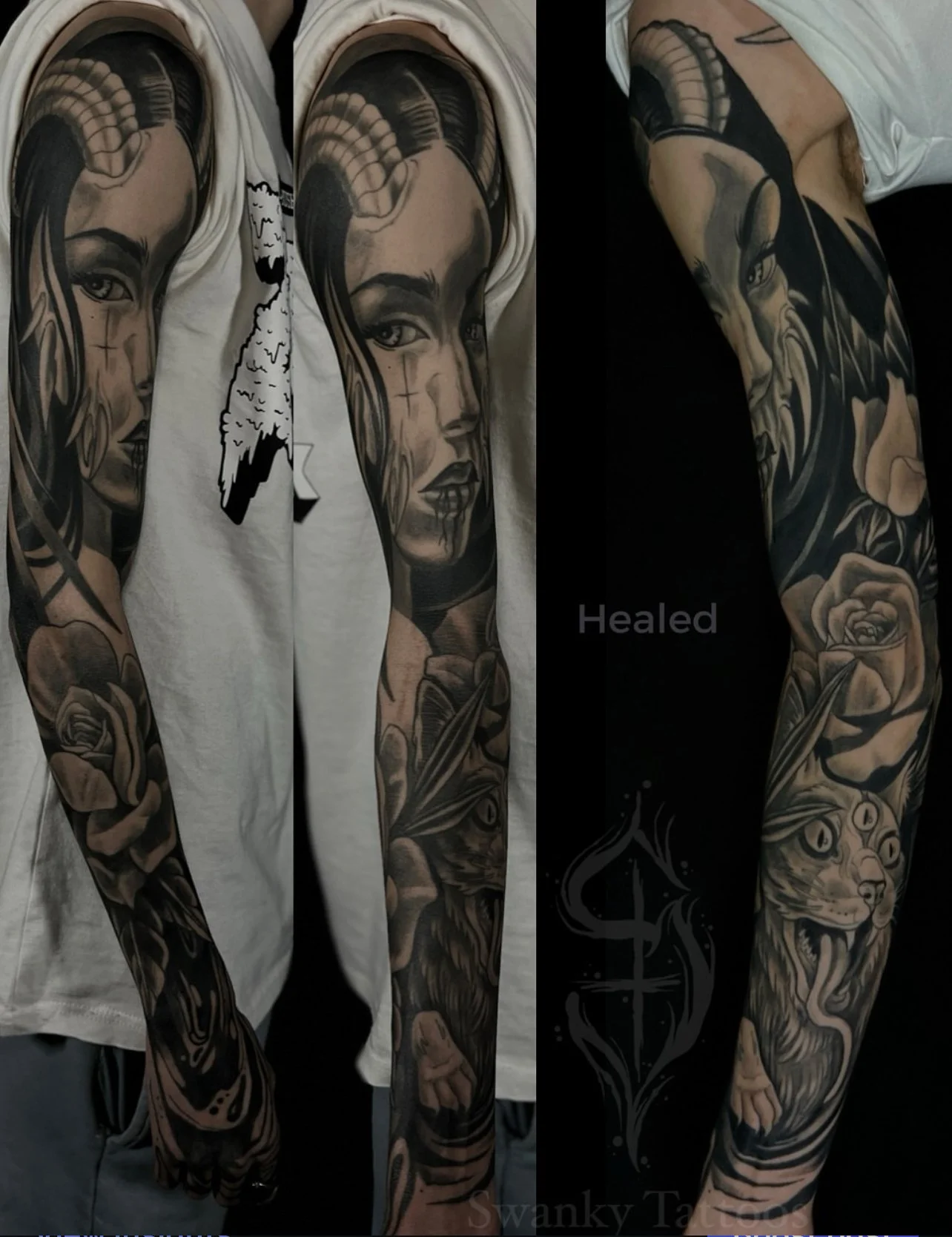 Tattoo of a woman's face with long hair and roses on the arm, shown in multiple angles.